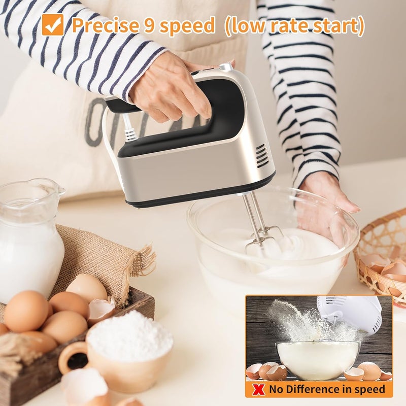 Yomelo 9-Speed Digital Hand Mixer Electric, 400W Powerful DC Motor, Hand Mixer Electric Handheld with Snap-On Storage Case, 5 Stainless Steel Accessories, Beaters, Dough Hooks, Whisk(Champagne Gold) - Image 4